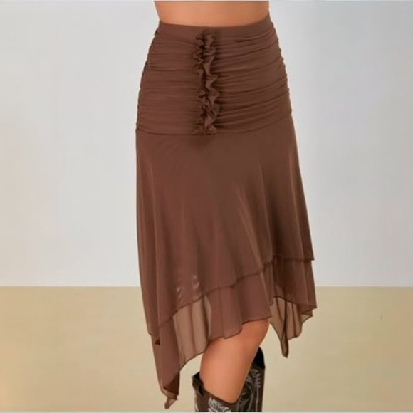 SHEIN Ruched Asymmetrical Skirt Brown Mesh Y2K Boho Western Large NWT - Picture 2 of 15